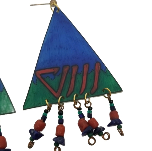ARTISAN SIGNED 90s TRIBAL STYLE ABSTRACT DROP EARRINGS - Picture 3 of 5